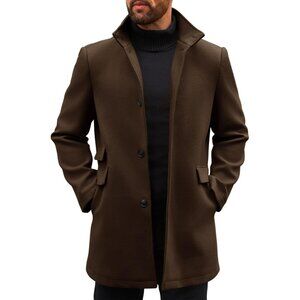 Men's Coffee Pea Coats Single Breasted Stand Collar Casual Slim Fit Trench